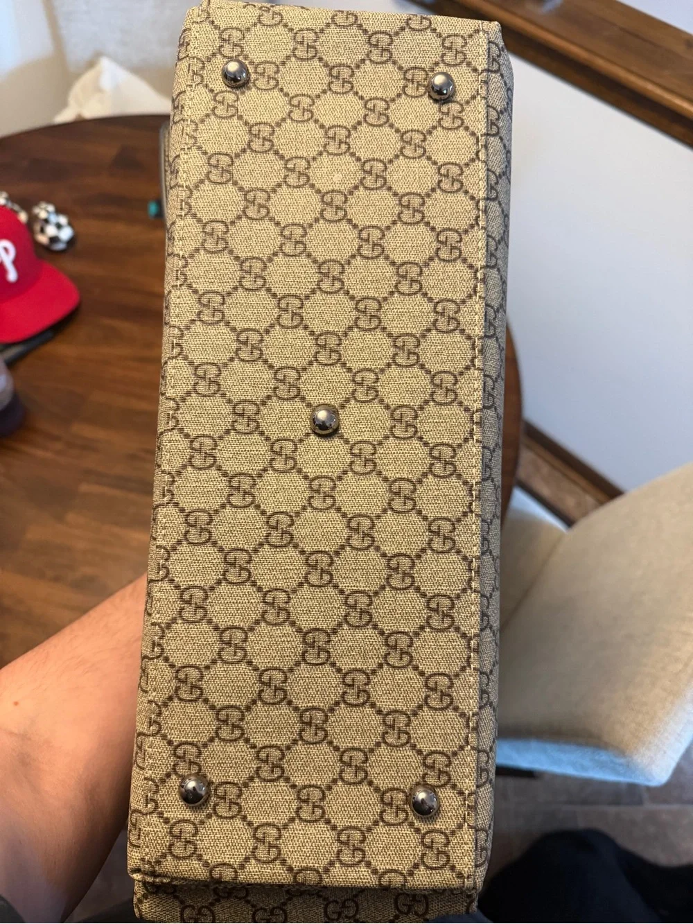 Beige Monogram Baby Bag with Black Leather Trim